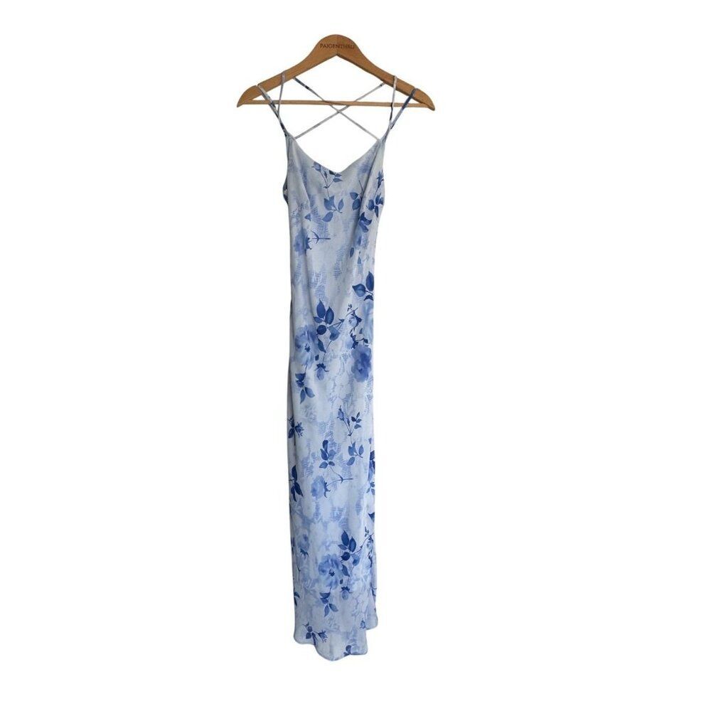 VTG 9/10 Y2K Blue Floral Maxi Slip Dress Fairy Romantic Strappy